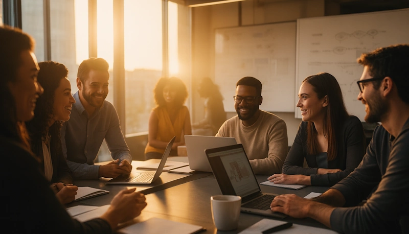 Diverse team of professionals collaborating in a sunny office meeting room, discussing B2B PR ROI metrics with laptops and notebooks on a conference table.