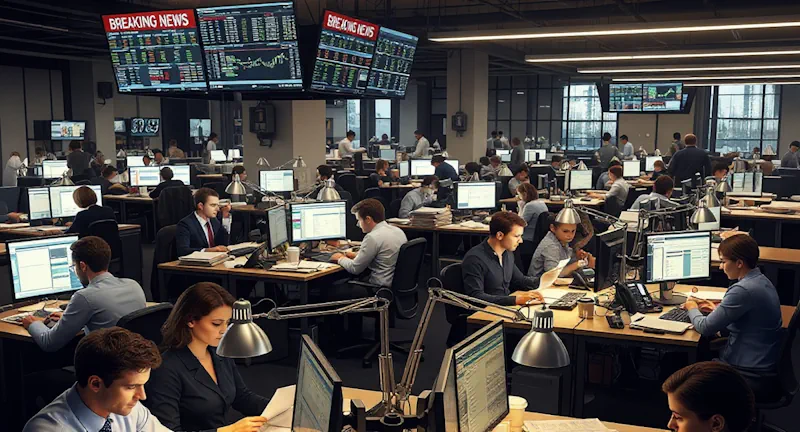 Busy newsroom with journalists working at computers, large overhead screens displaying "BREAKING NEWS" and stock market charts.