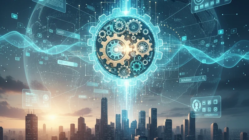 Futuristic cyan gears and holographic data streams over a sunset city skyline, symbolizing GEO's impact on PR innovation.
