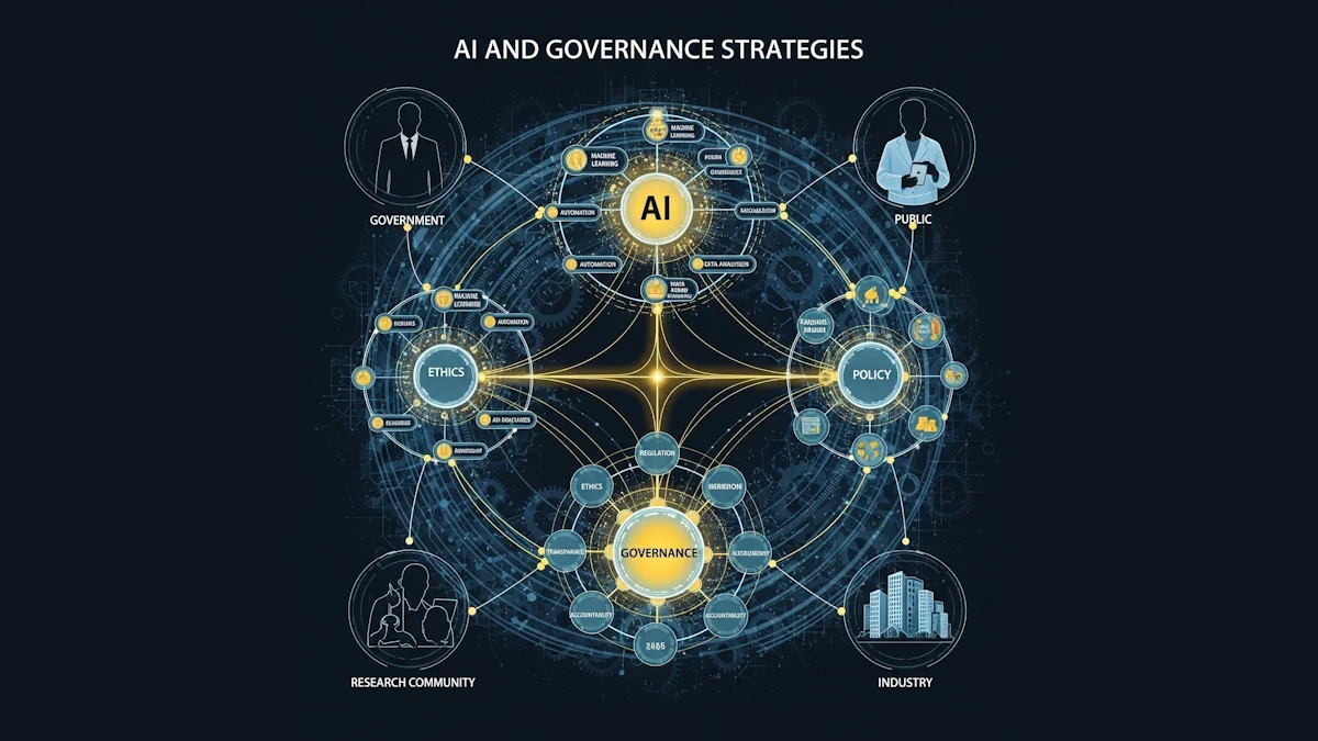 Infographic "AI and Governance Strategies" with "AI" hub linked to Governance (Accountability, Transparency), Ethics (Regulation), Policy (Compliance), and Technology (Machine Learning, Automation). Connected groups: Government, Research Community, Industry, Public.