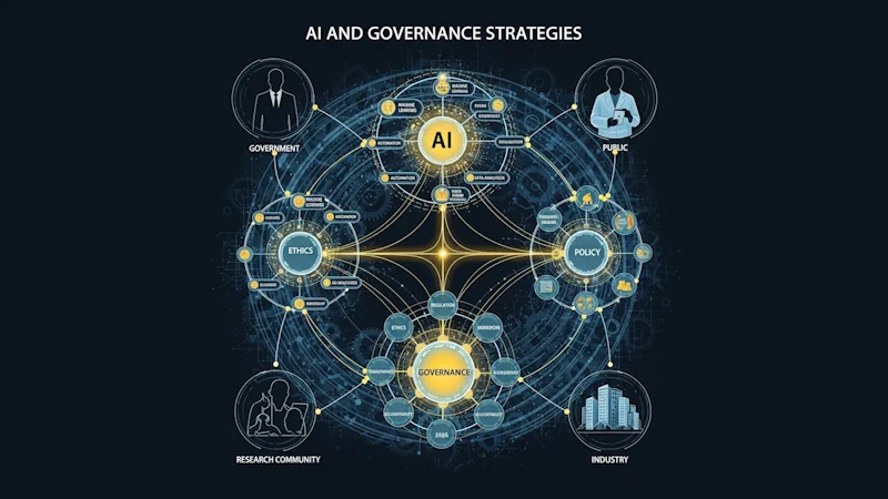Infographic "AI and Governance Strategies" with "AI" hub linked to Governance (Accountability, Transparency), Ethics (Regulation), Policy (Compliance), and Technology (Machine Learning, Automation). Connected groups: Government, Research Community, Industry, Public.