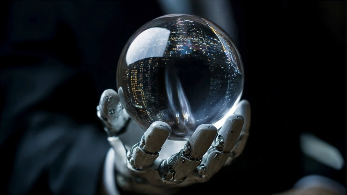 Robotic hand holding a glowing crystal ball reflecting a cityscape, symbolizing technology-driven predictions about the future of PR.