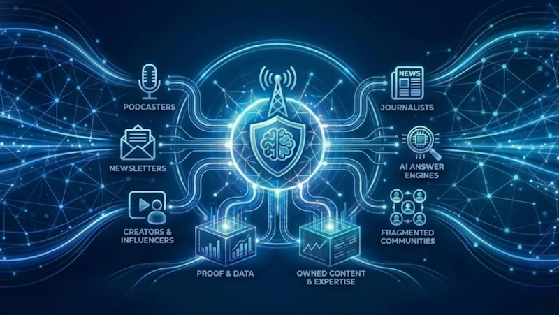 Diagram illustrating the future of earned media in the AI era, featuring a central AI shield connected to podcasters, newsletters, creators and influencers, journalists, AI answer engines, proof and data, owned content and expertise, and fragmented communities on a futuristic blue network background.