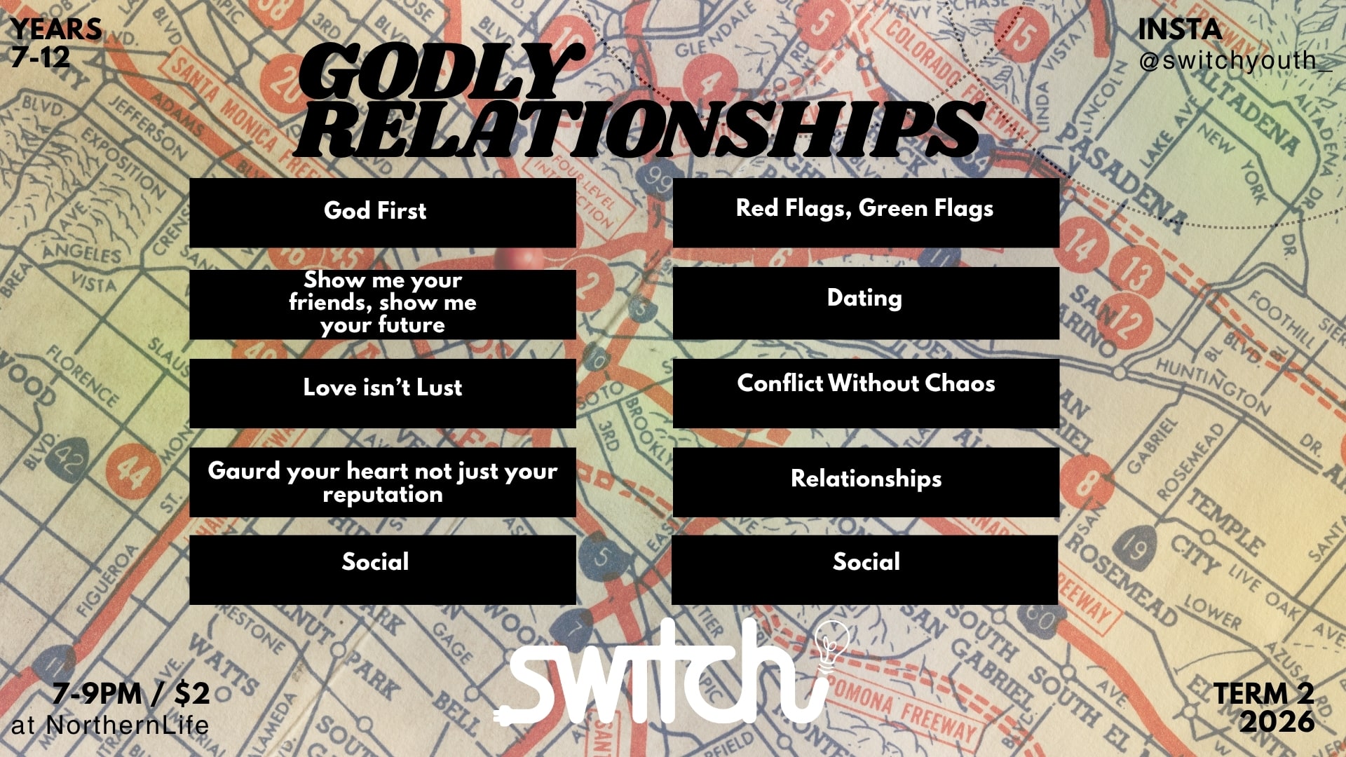 Poster with pixelated shadow of a person and text: FAKERS or Followers, event for years 7-12 + 6 by Switch, Term 4 2025, 7-9PM $2 at NorthernLife, Instagram @switchyouth_.