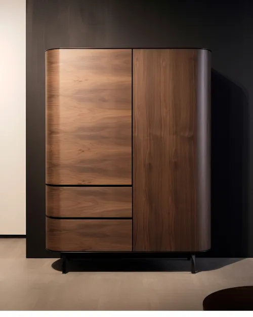 Modern wooden cabinet with rounded edges and smooth finish, featuring two drawers and two doors, against a dark wall.