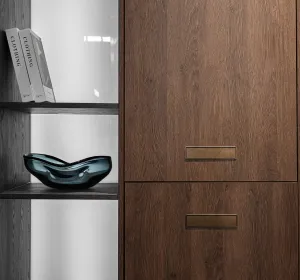 Modern wooden cabinet with brass handles beside shelves holding an abstract blue glass bowl and stacked books.