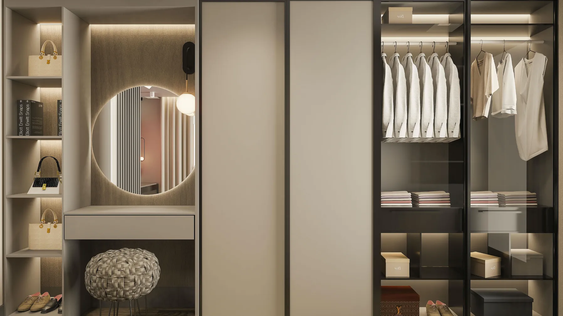 Modern walk-in closet with open shelves holding handbags and shoes, a circular mirror above a desk with a textured stool, and glass wardrobes with hanging clothes and neatly stacked items.