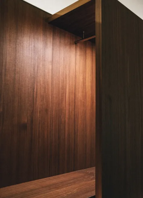 Empty corner of a closet with dark wooden panels and a hanging rod.