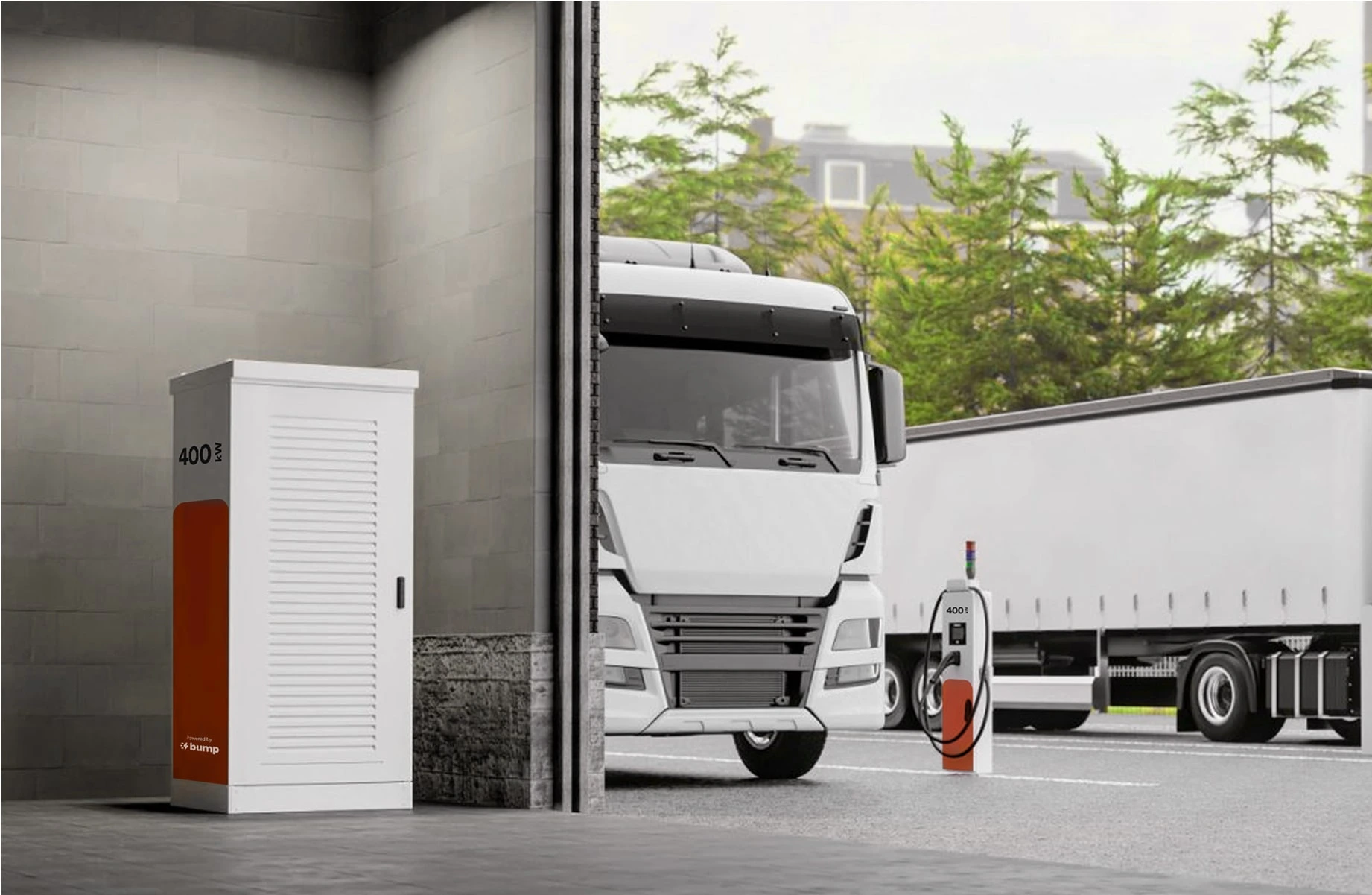 un camion poids lourd électrique effectuant sa recharge sur une borne bump