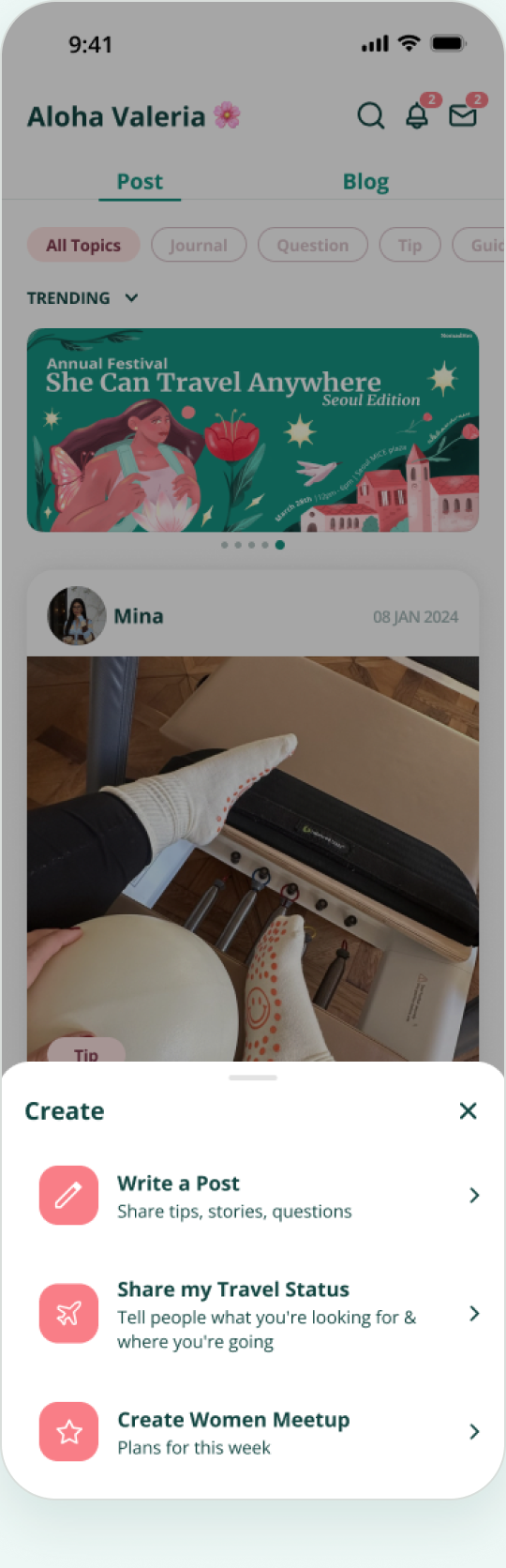 Mobile app screen showing a user profile named Aloha Valeria with notifications, trending banner for 'Annual Festival She Can Travel Anywhere Seoul Edition,' a post by Mina dated 08 Jan 2024 with an image of legs wearing white socks on exercise equipment, and a 'Create' menu with options to write a post, share travel status, or create a women meetup.