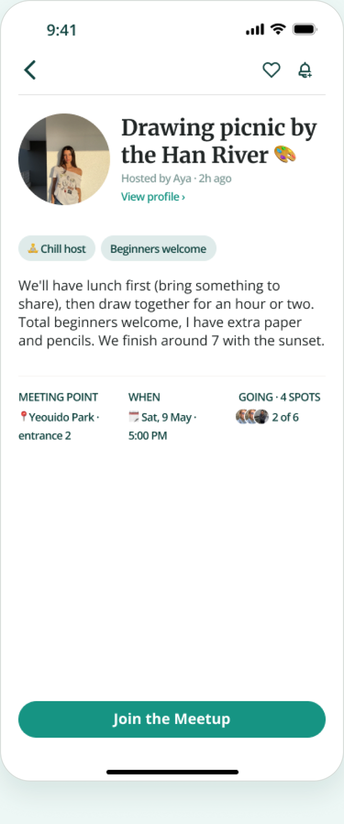 Mobile app screen showing meetup details for a drawing picnic by the Han River hosted by Aya. It welcomes beginners and is marked as a chill host event. The description invites participants to bring lunch to share and draw together with extra paper and pencils provided, ending around sunset. The meeting point is Yeouido Park entrance 2, scheduled for Saturday, May 9 at 5:00 PM. Four spots are available, with 2 of 6 going. A green button labeled 'Join the Meetup' is at the bottom.