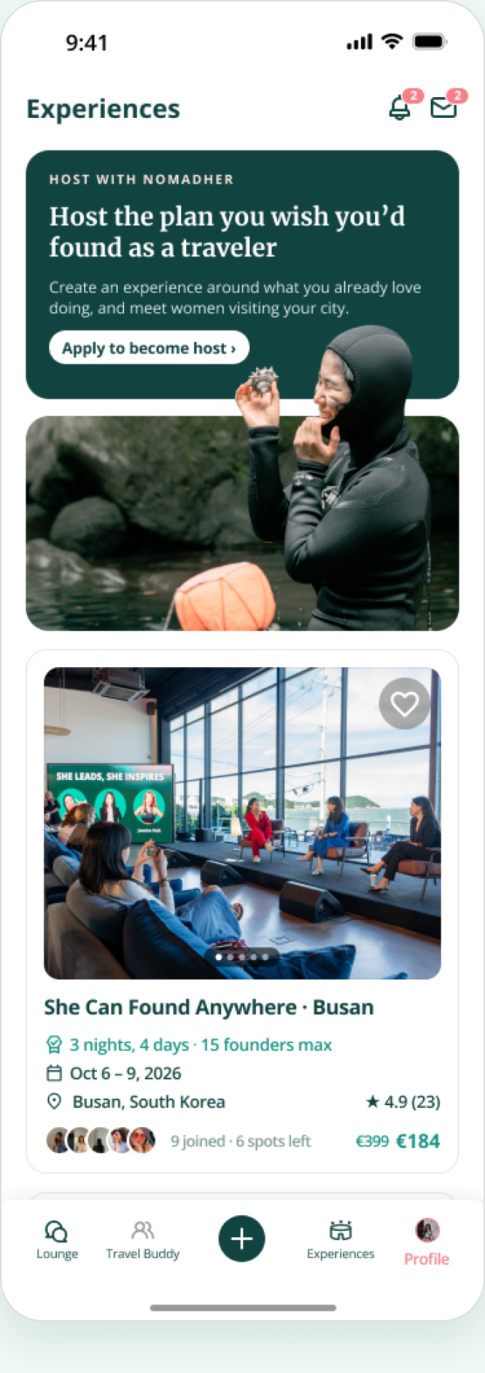 Mobile app screen titled Experiences showing a prompt to host a travel plan with Nomadher, featuring a woman in a wetsuit holding a sea urchin by water, and a featured event called She Can Found Anywhere in Busan with an image of women discussing on stage in a modern room, available Oct 6-9, 2026, with 9 joined and 6 spots left, priced at discounted €184.