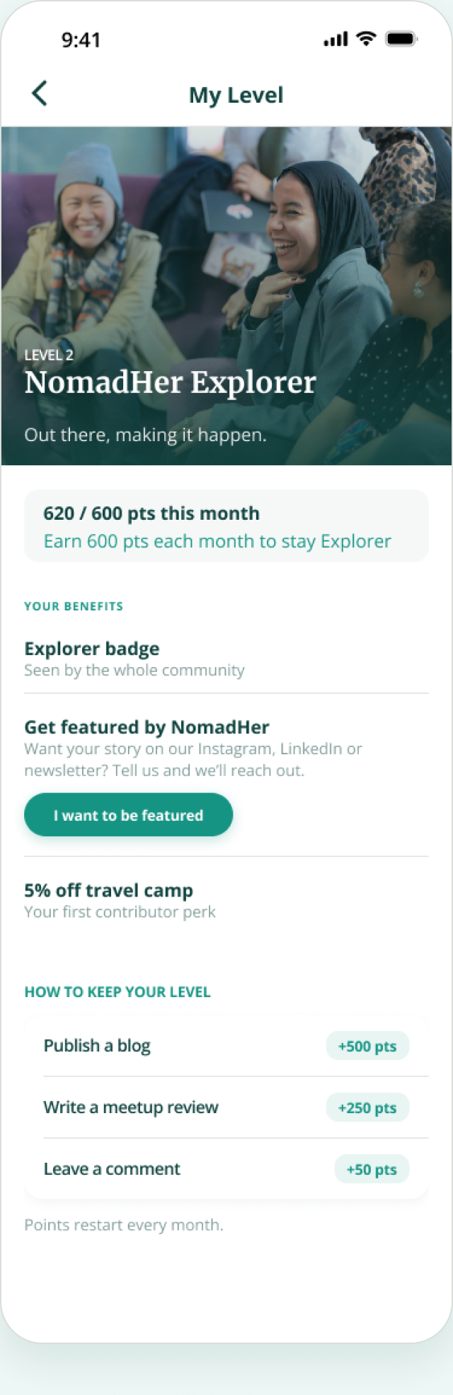 Mobile screen showing a My Level page with Level 2 NomadHer Explorer status, a photo of smiling diverse women, and details about monthly points, benefits like Explorer badge, feature opportunity, 5% travel camp discount, and instructions to maintain level by publishing a blog, writing a meetup review, or leaving a comment.