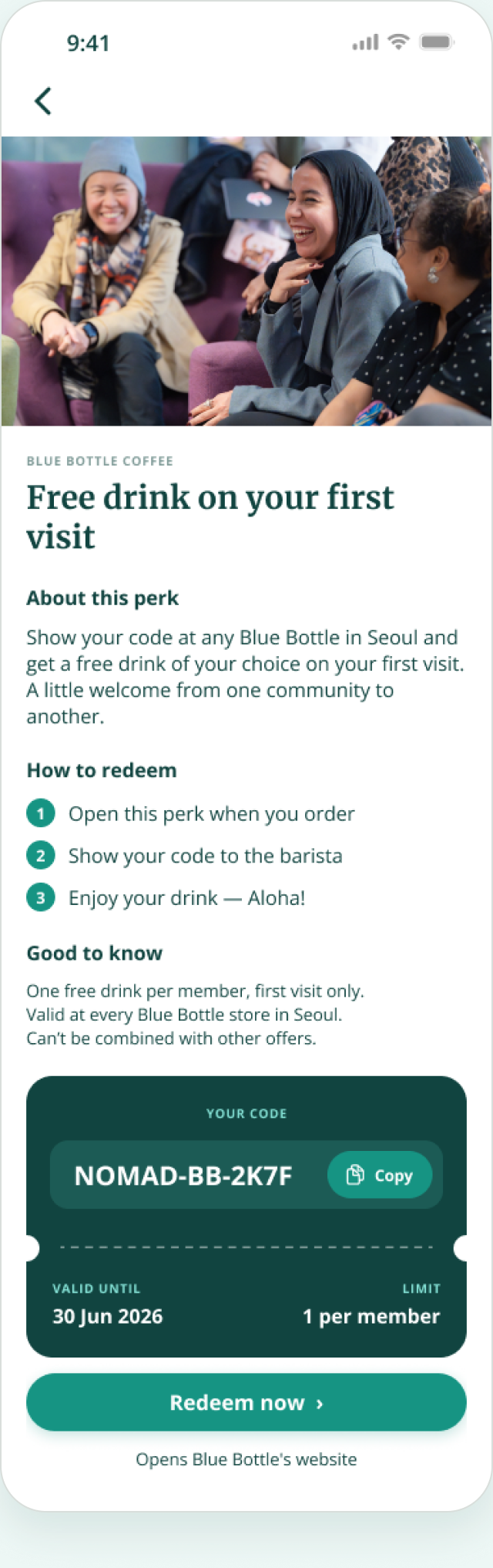 Mobile screen showing a Blue Bottle Coffee offer for a free drink on your first visit in Seoul, with instructions and a promo code NOMAD-BB-2K7F valid until June 30, 2026, limited to one per member, plus a Redeem now button.