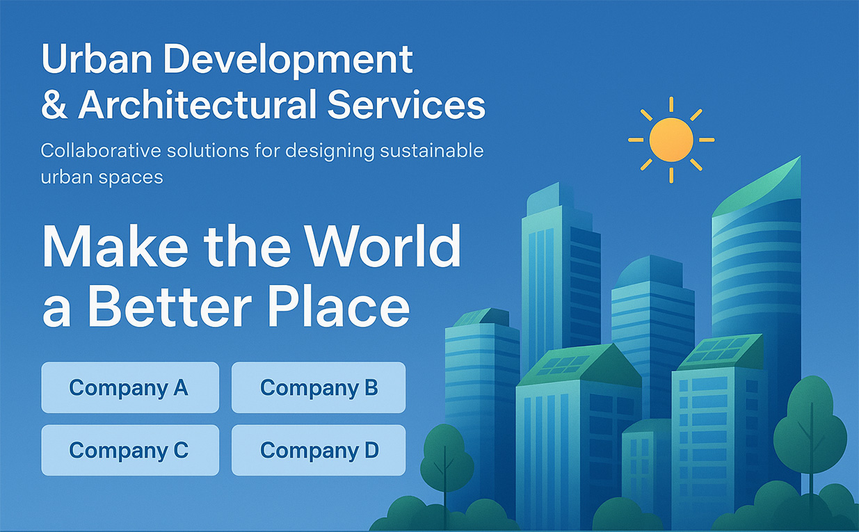 Illustration of modern blue skyscrapers with green rooftops, trees, and a sun on a blue background with text about urban development and architectural services promoting sustainable urban spaces.