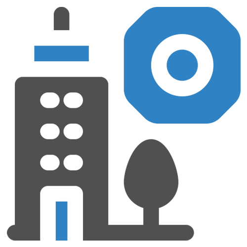 Stylized blue and dark gray icon resembling a city layout with blocks and buildings.