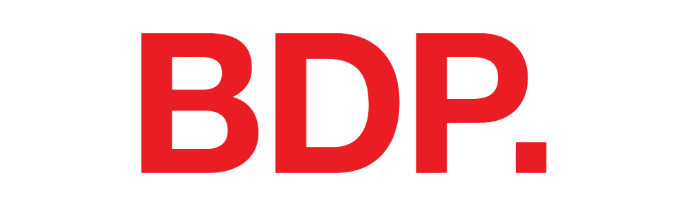 Red capital letters BDP followed by a red period on white background.