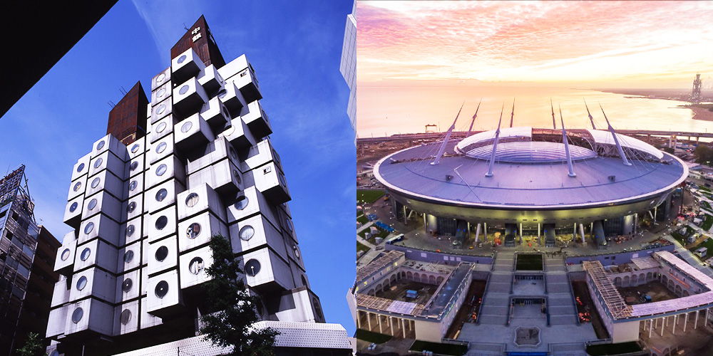 Left: Futuristic Nakagin Capsule Tower with modular cubic units against a blue sky; Right: Aerial view of a large modern stadium at sunset near water.