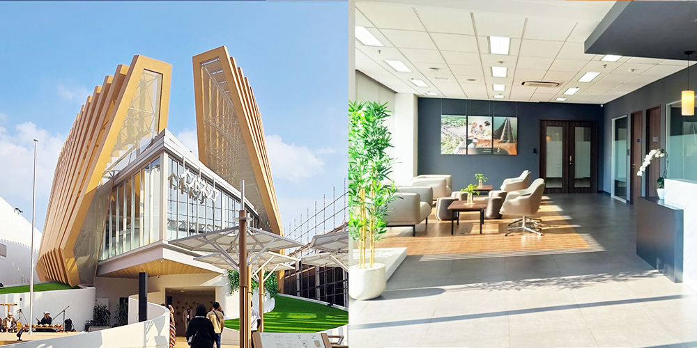 Modern building with angular golden-yellow architectural features under a blue sky on the left and a bright, minimalist office lobby with seating area and greenery on the right.