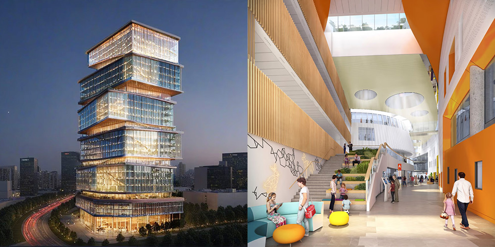 Night view of a modern, illuminated multi-tiered glass office building next to a bright, spacious indoor atrium with people sitting, walking, and conversing near stairs and colorful seating.