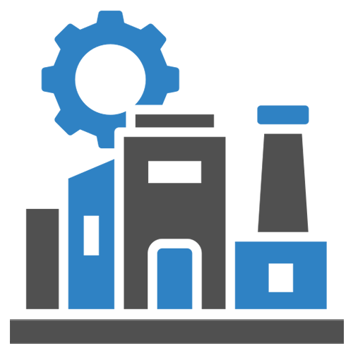 Icon of an industrial building with a large gear symbol in the top left corner.