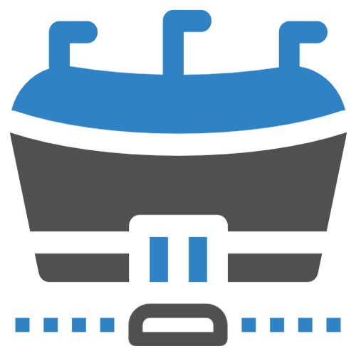 Abstract icon with blue and dark gray geometric shapes resembling a stylized urban building or structure.