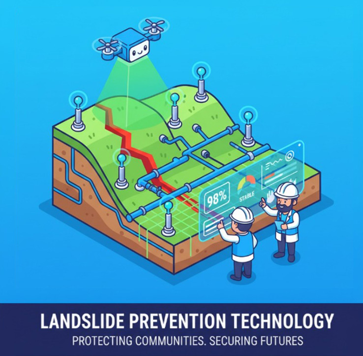 Illustration of landslide prevention technology with a drone surveying a cracked hillside, connected sensors, water pipes, and two engineers reviewing data on a transparent screen.