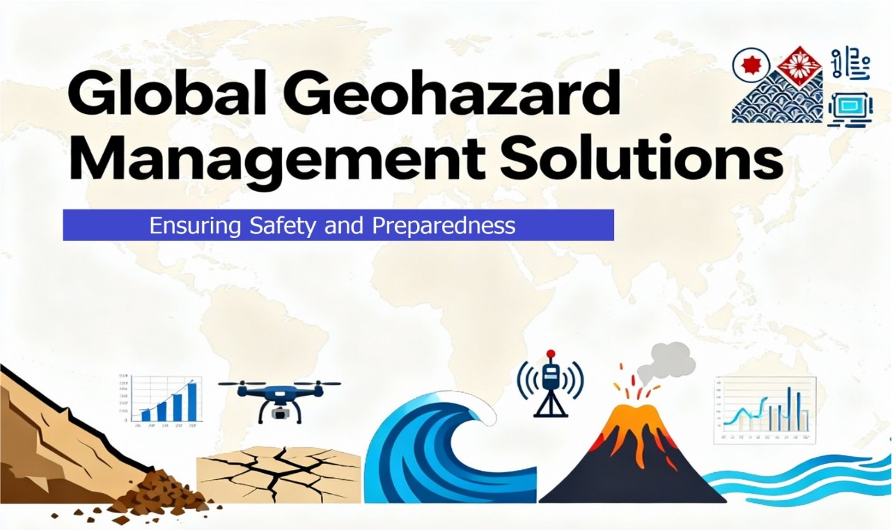 Illustration of global geohazard management solutions showing landslide, drought, tsunami, sensor monitoring, and volcanic eruption icons over a faint world map background.