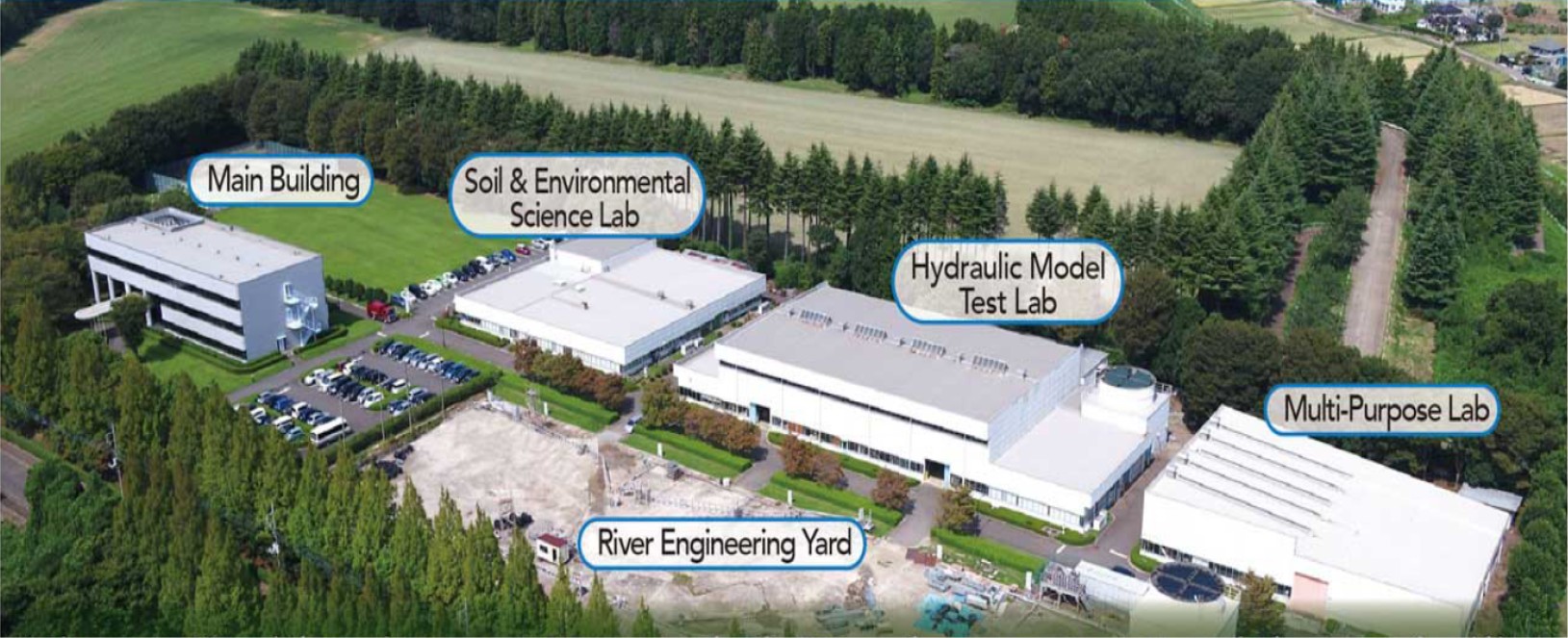 Aerial view of a research campus with labeled buildings including Main Building, Soil & Environmental Science Lab, Hydraulic Model Test Lab, Multi-Purpose Lab, and River Engineering Yard surrounded by trees and fields.