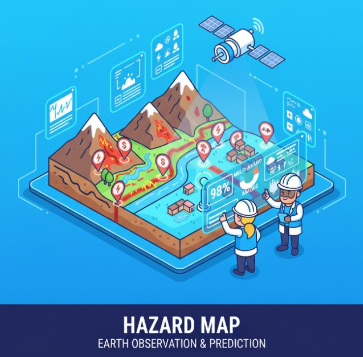 Illustration of a hazard map showing mountains with volcanic and earthquake symbols, rivers, buildings, and a satellite monitoring them, with two engineers analyzing data on transparent screens.