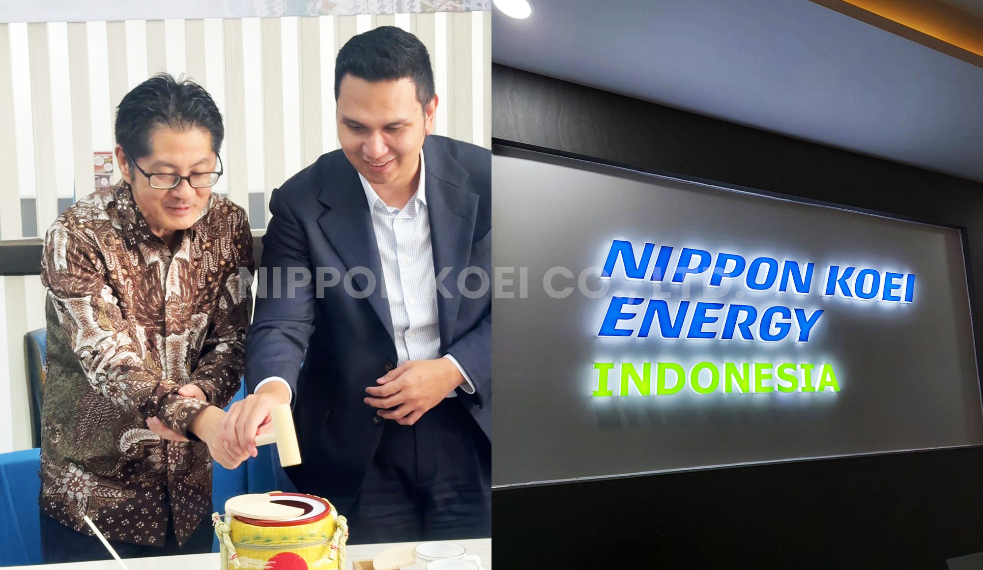 Two men, one in a batik shirt and the other in a dark suit, jointly holding a wooden object with a sign reading Nippon Koei Energy Indonesia in the background.