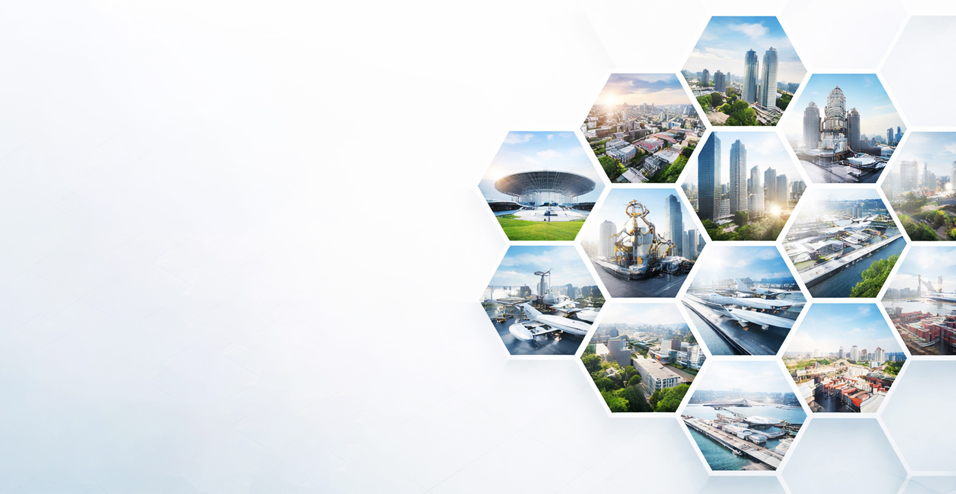 Collage of modern cityscapes, architecture and transportation