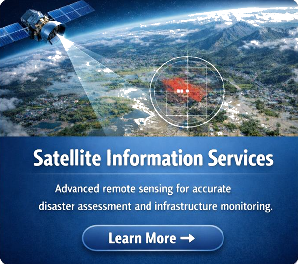 Satellite scanning a landscape highlighting a red disaster area for remote sensing and monitoring.