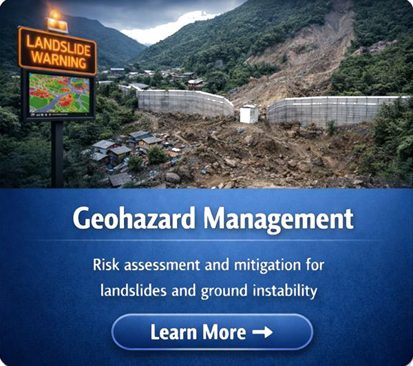 Landslide warning sign above a hill with a landslide and retaining walls, promoting geohazard management.