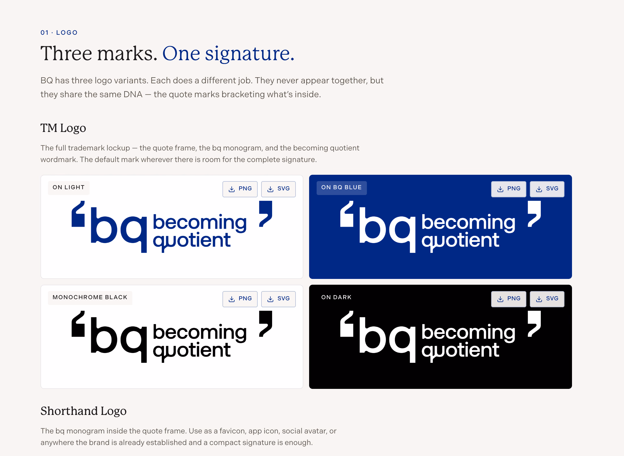 Becoming Quotient logo system: the TM logo on light, BQ blue, black and dark