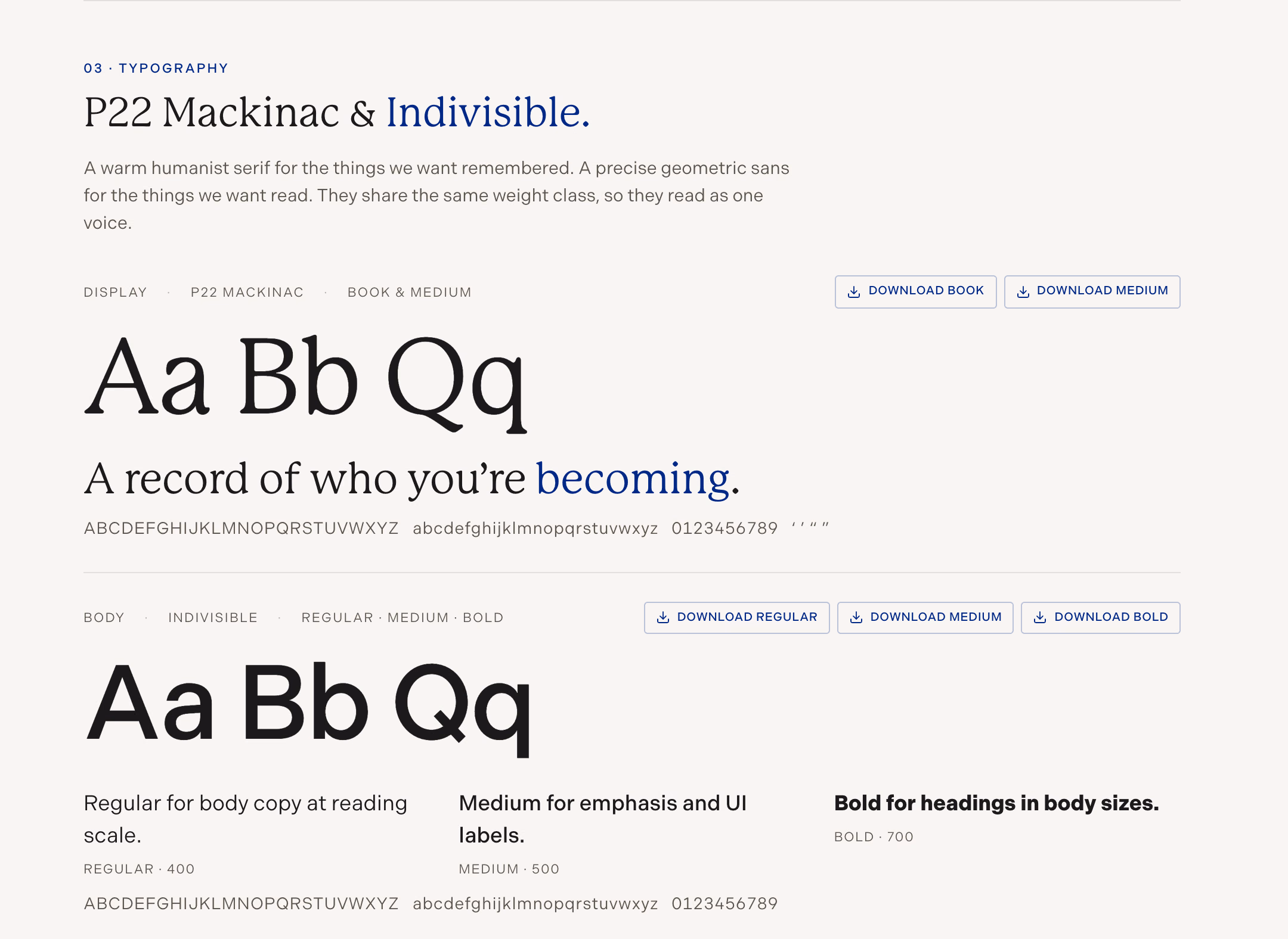 Becoming Quotient typography: P22 Mackinac and Indivisible
