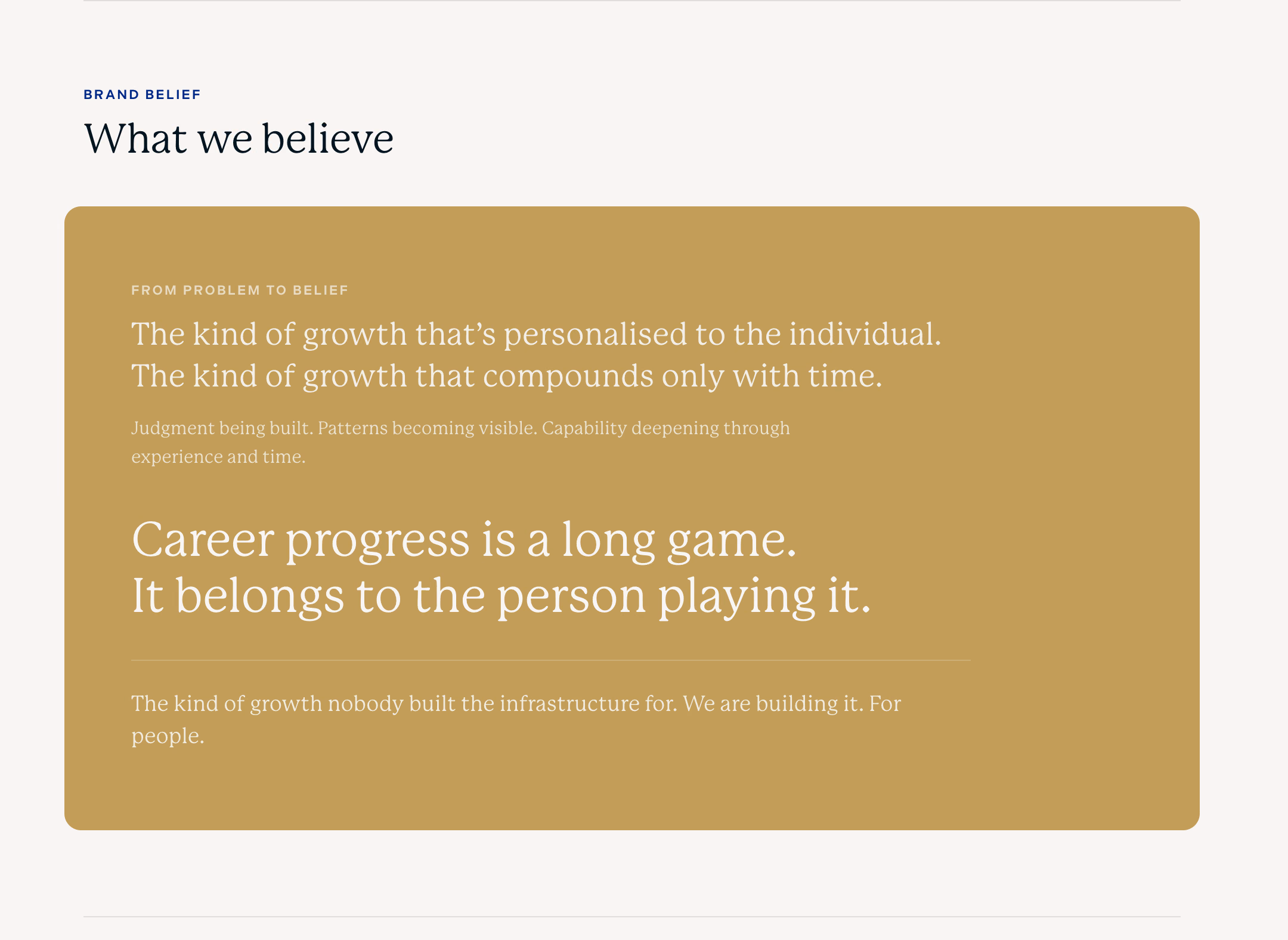 Becoming Quotient brand belief: career progress is a long game, it belongs to the person playing it