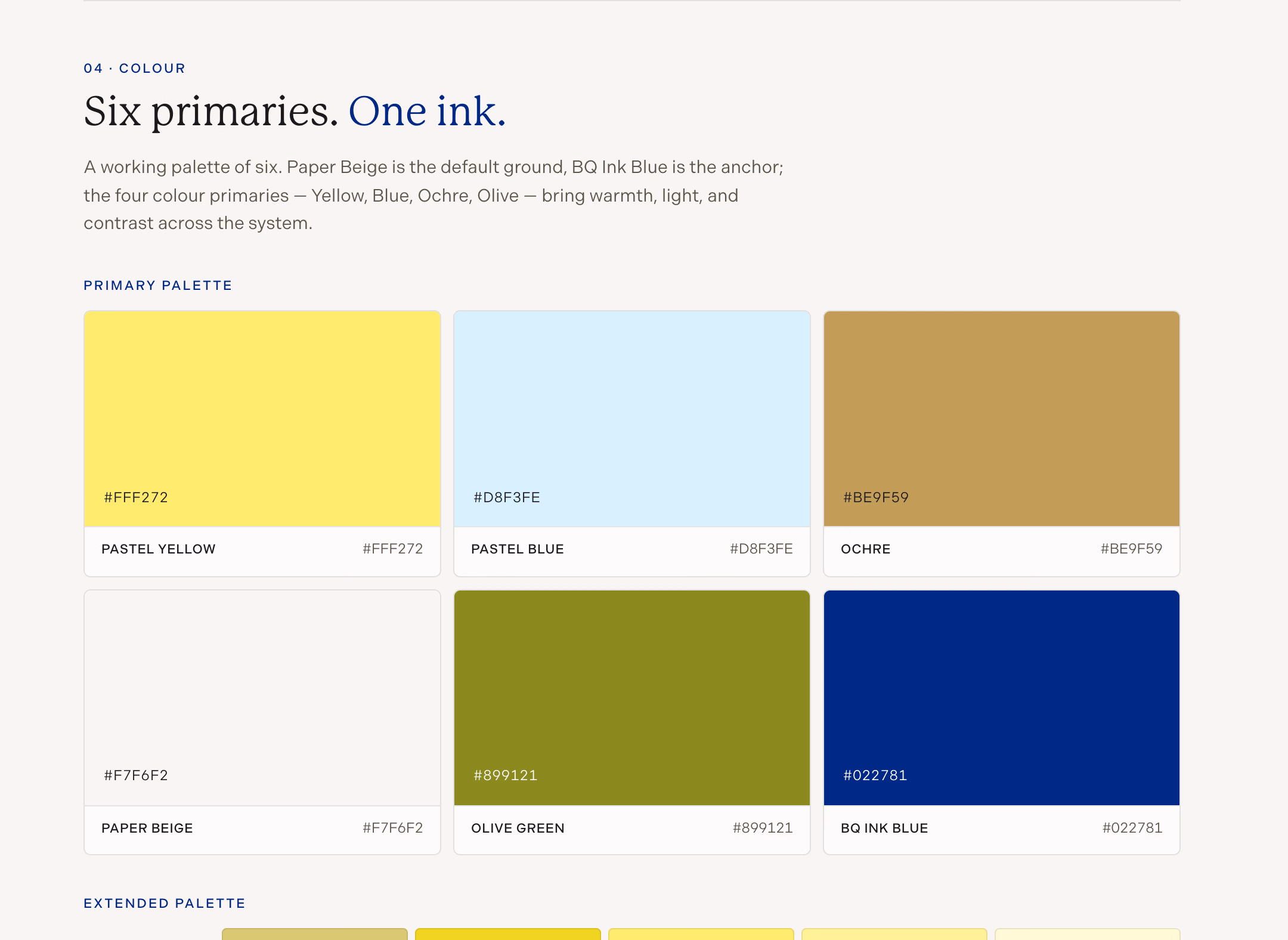 Becoming Quotient colour palette: six primaries