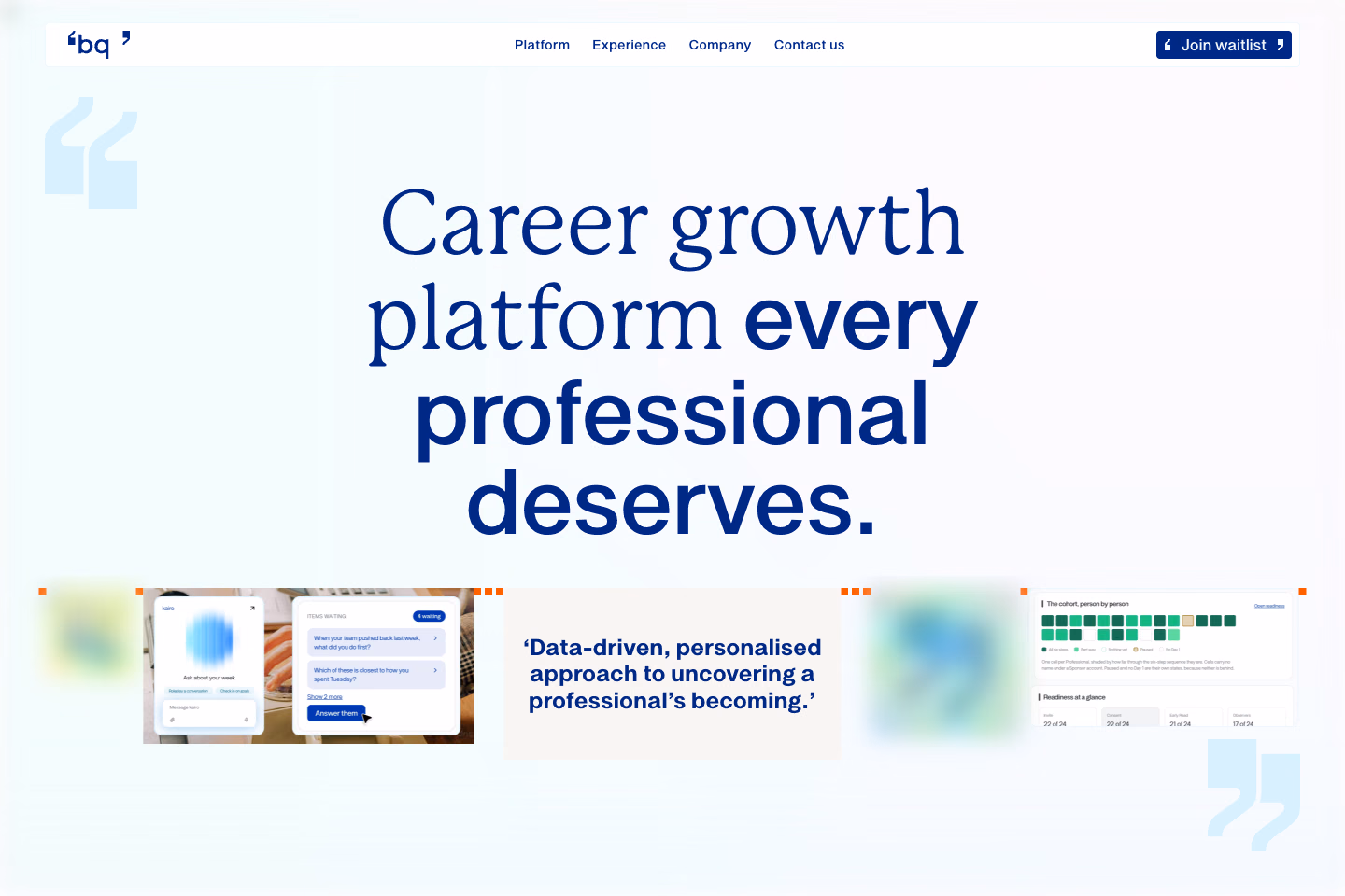 Becoming Quotient website homepage: Career growth platform every professional deserves