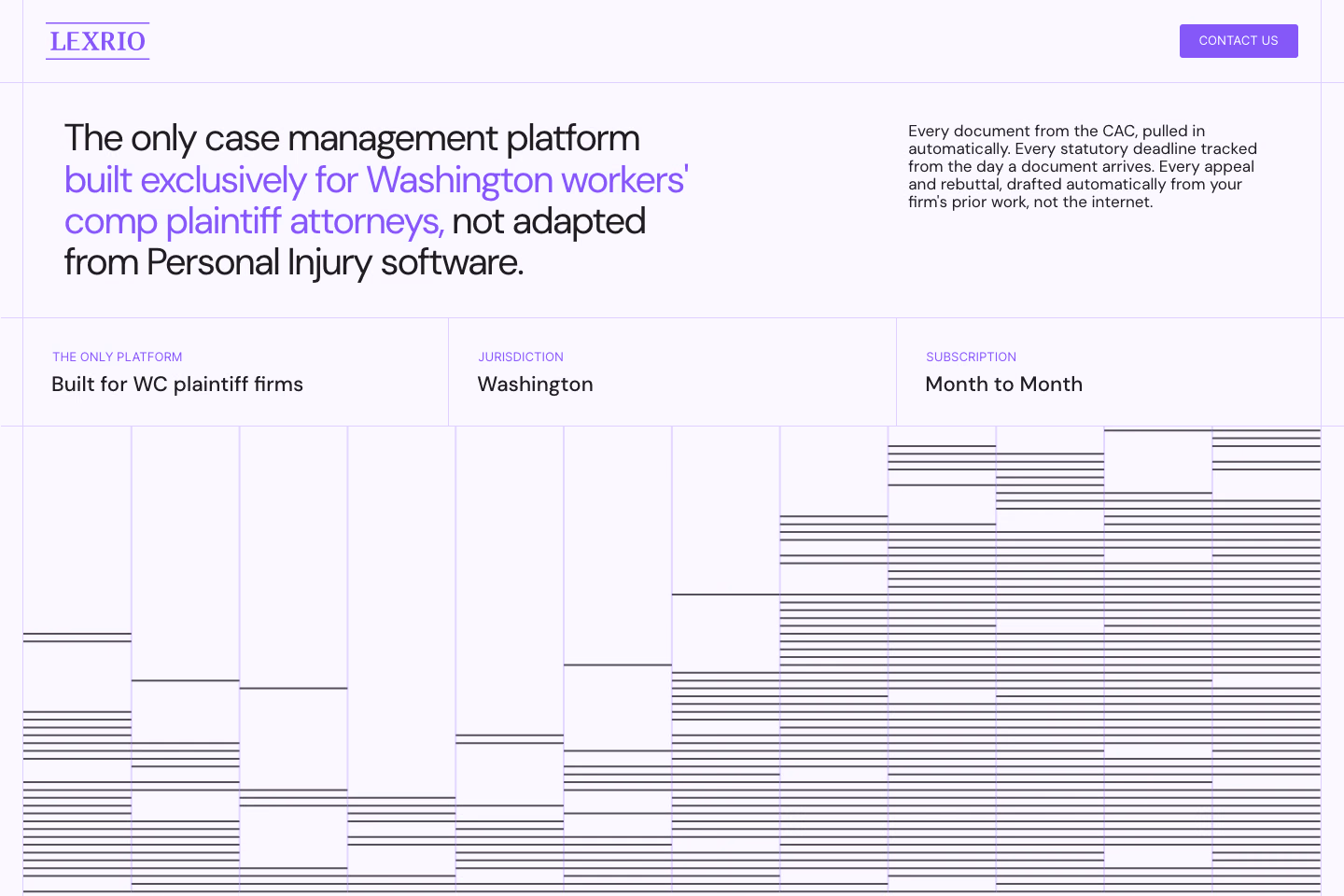 Lexrio website homepage: the only case management platform built exclusively for Washington workers' comp plaintiff attorneys