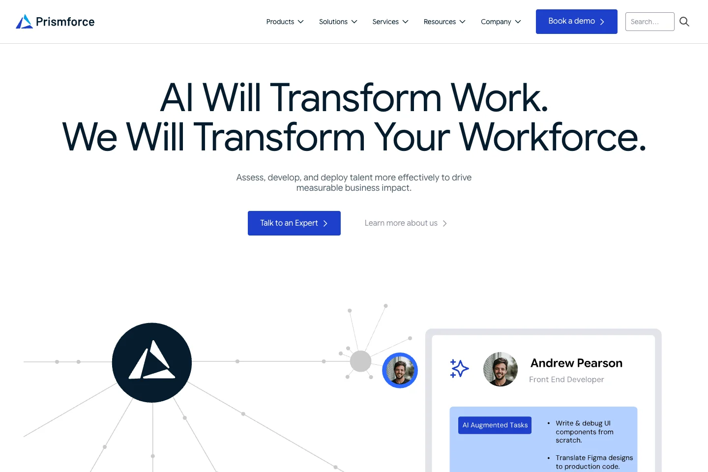 Prismforce website homepage: AI will transform work, we will transform your workforce