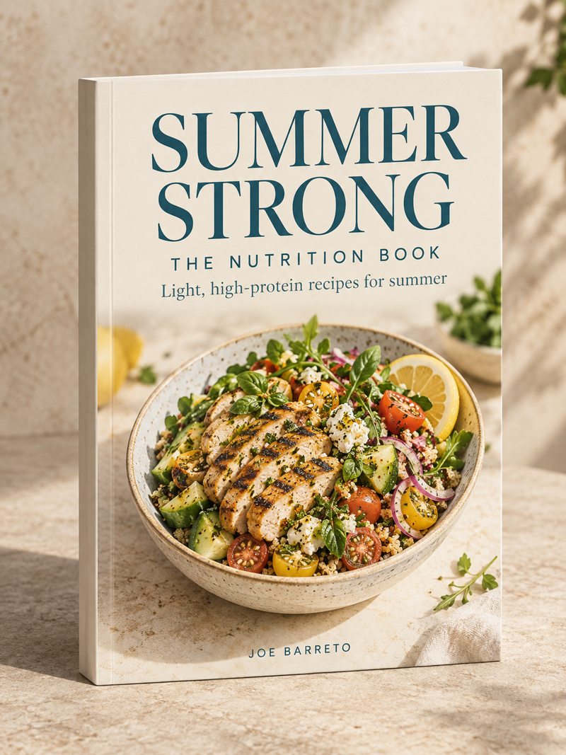 Summer Strong nutrition book cover, with a fresh chicken salad photograph