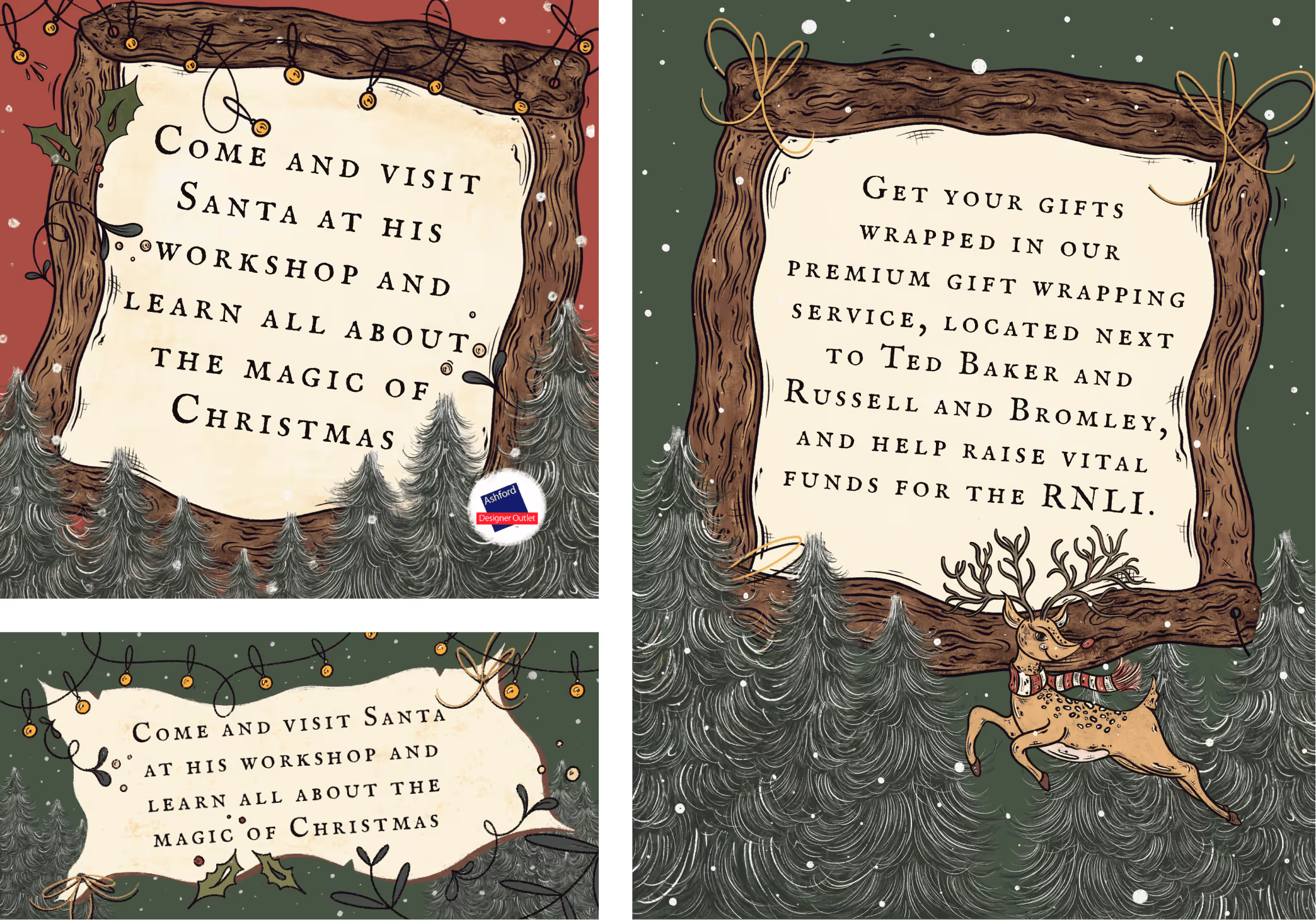 Illustrated collection of social banners with big christmas trees and a reindeer