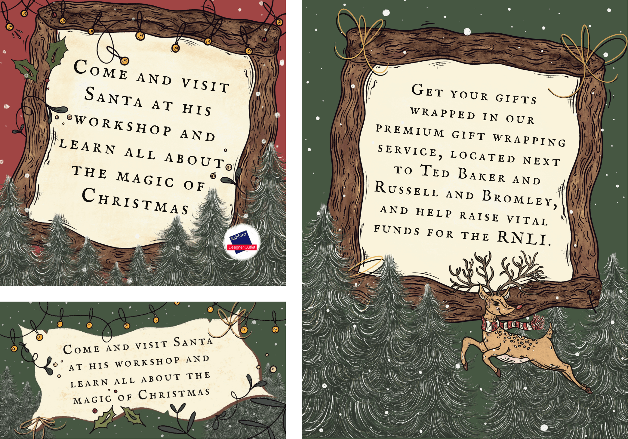 Illustrated collection of social banners with big christmas trees and a reindeer 