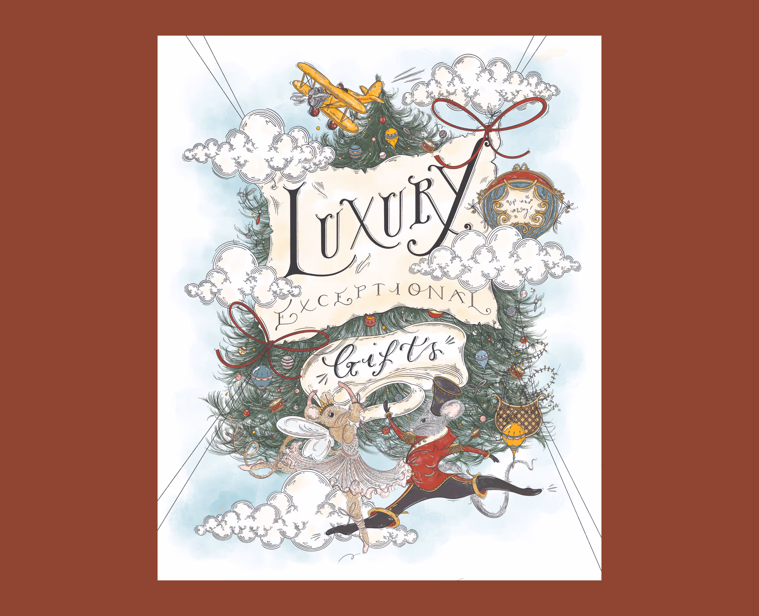 Illustration with a male and female mouse dancing together with a plain and christmasy scene