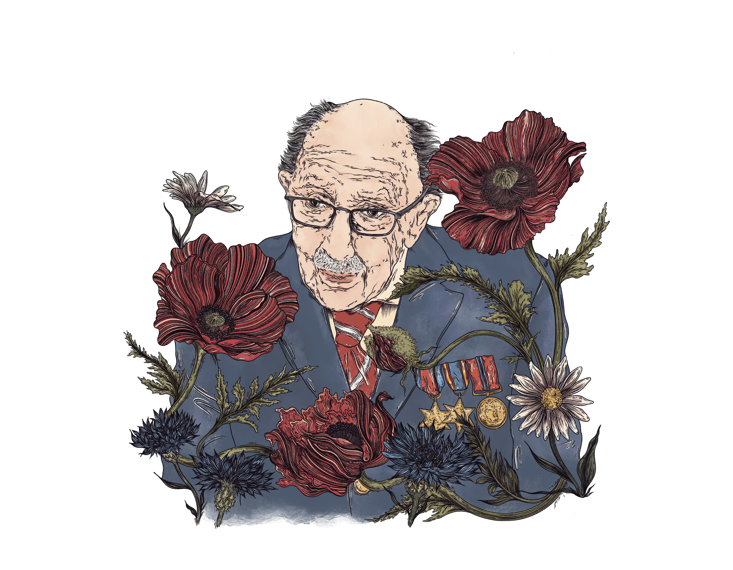 Pen and ink celebratory portrait illustration of Captain Tom Moore by Jessie Bayliss.