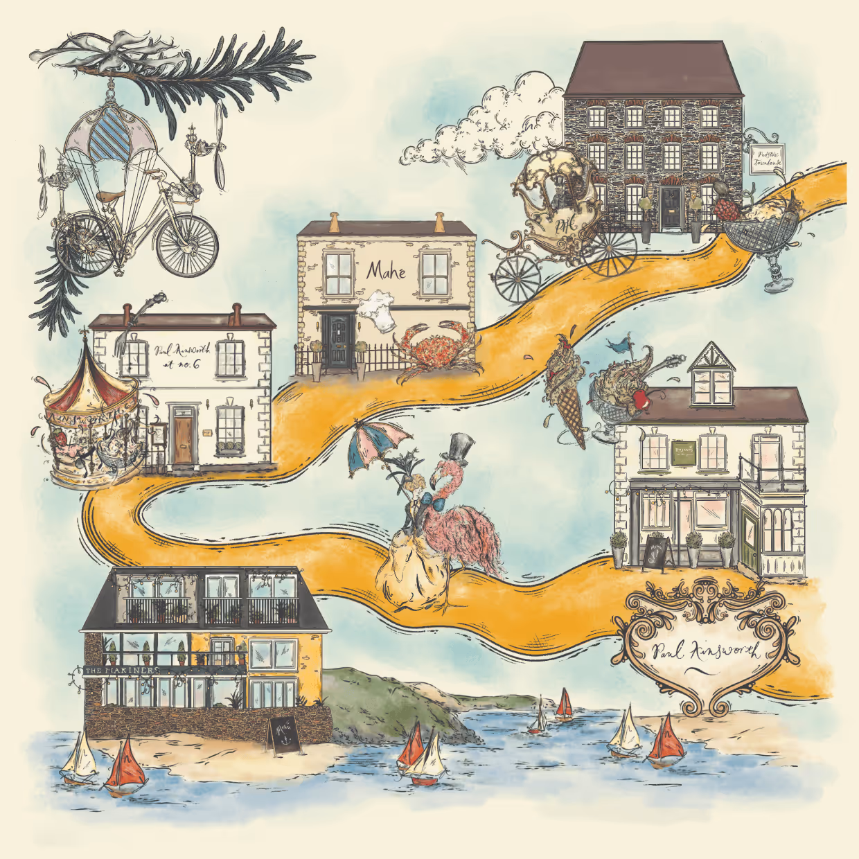 Illustrated map of Padstow and Rock showing the Paul Ainsworth Family buildings, hand-drawn in pen and ink by Jessie Bayliss for Padstow Townhouse.