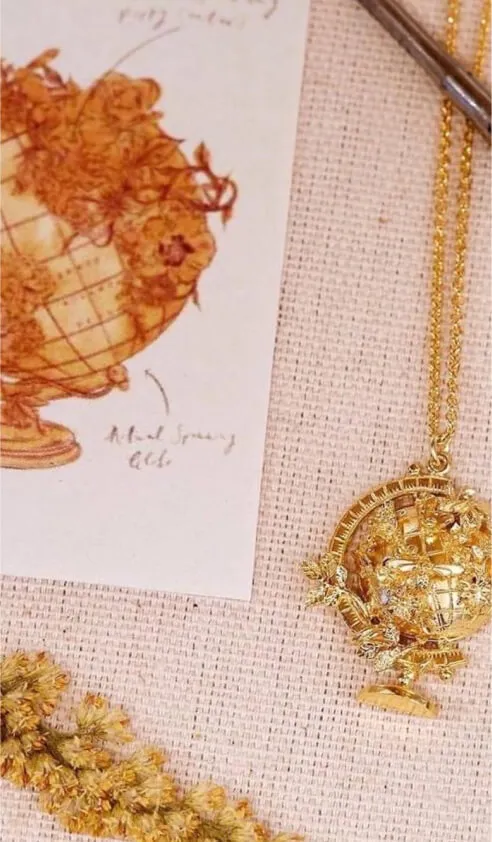 A drawing of a globe being turned into an Alex Monroe necklace out of gold