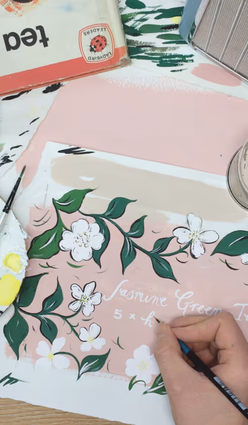 A painting of jasmine leaves and flowers with gouache