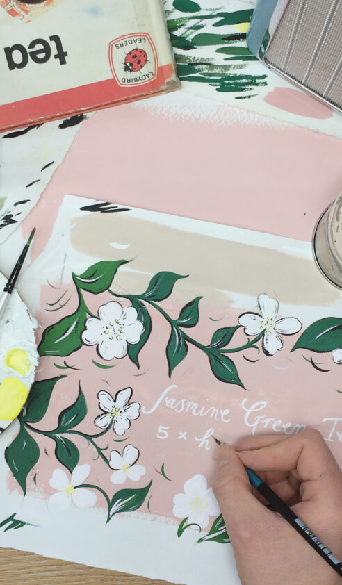 A painting of jasmine leaves and flowers with gouache